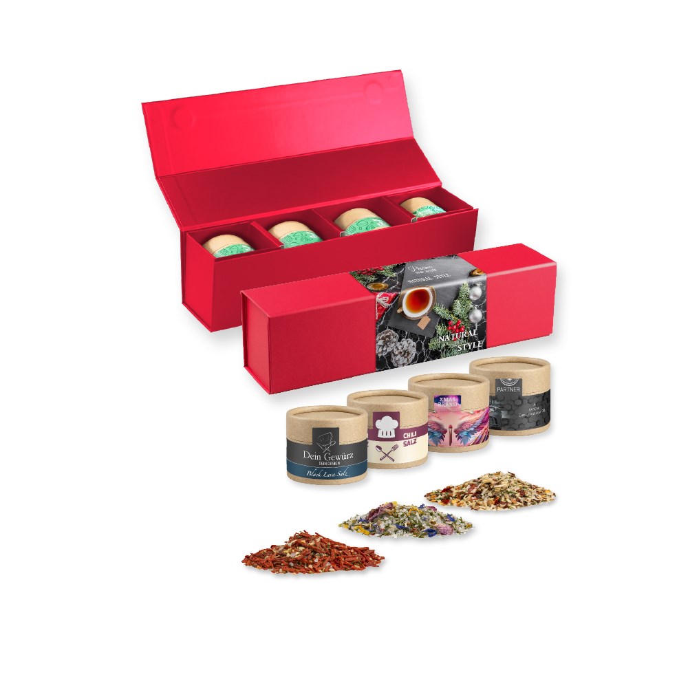 verschiedene Gewürzmischungen (Kategorie 1), ca. 120-300g, Geschenk-Set Premium rot mit Magnetverschluss und 4 Kraftpapierdosen Mini