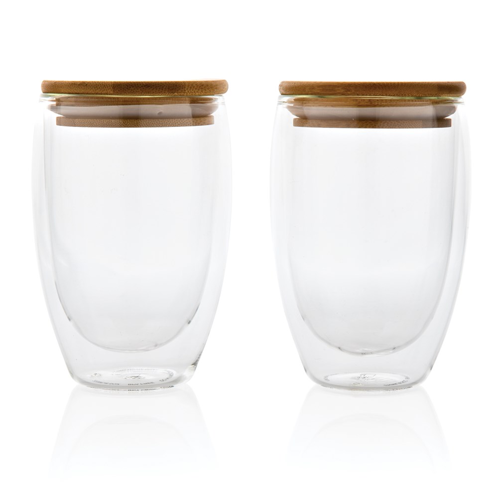 2-tlg Set Borosilikatgläser mit Bambusdeckel 350ml 2-tlg Set Borosilikatgläser mit Bambusdeckel 350ml
