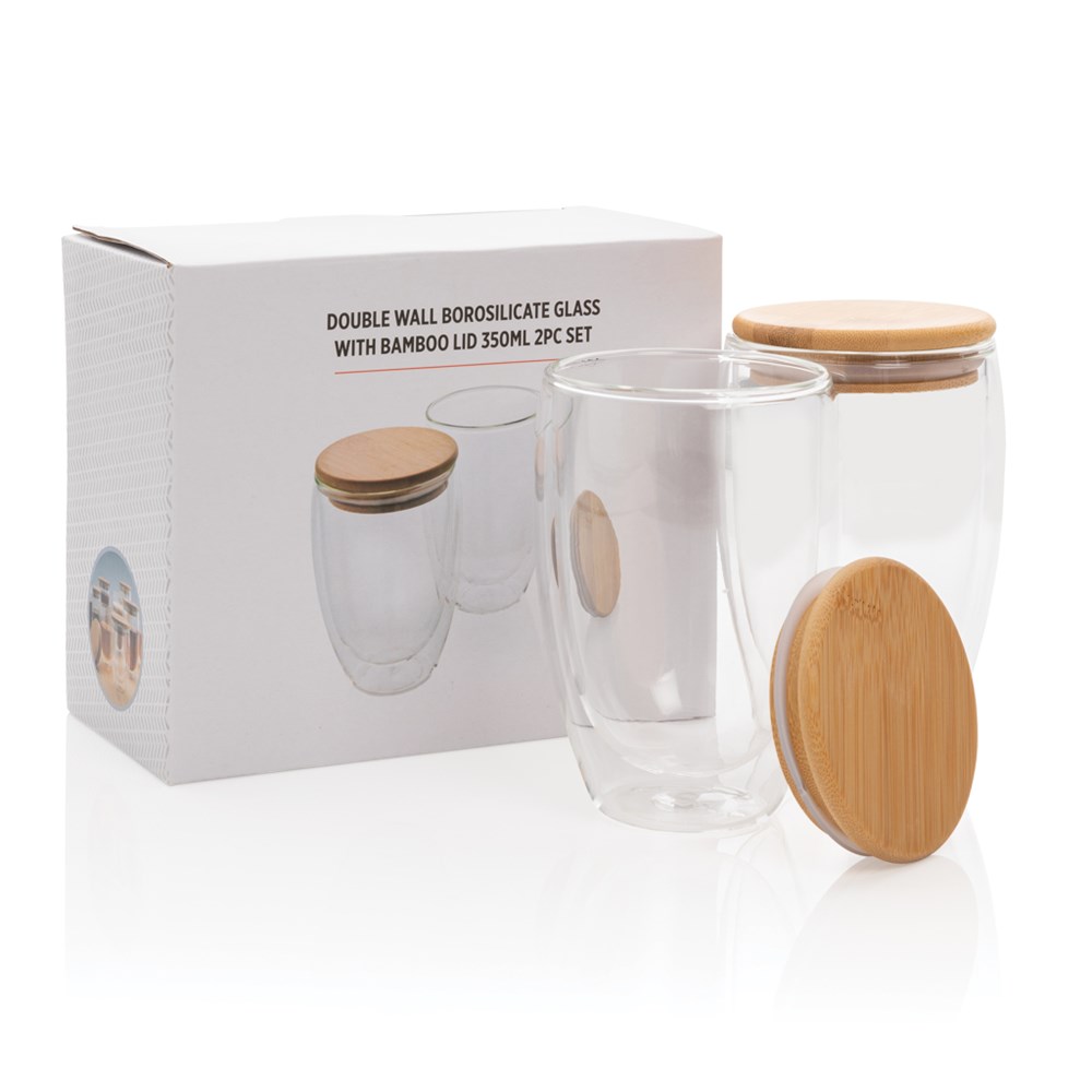 2-tlg Set Borosilikatgläser mit Bambusdeckel 350ml 2-tlg Set Borosilikatgläser mit Bambusdeckel 350ml